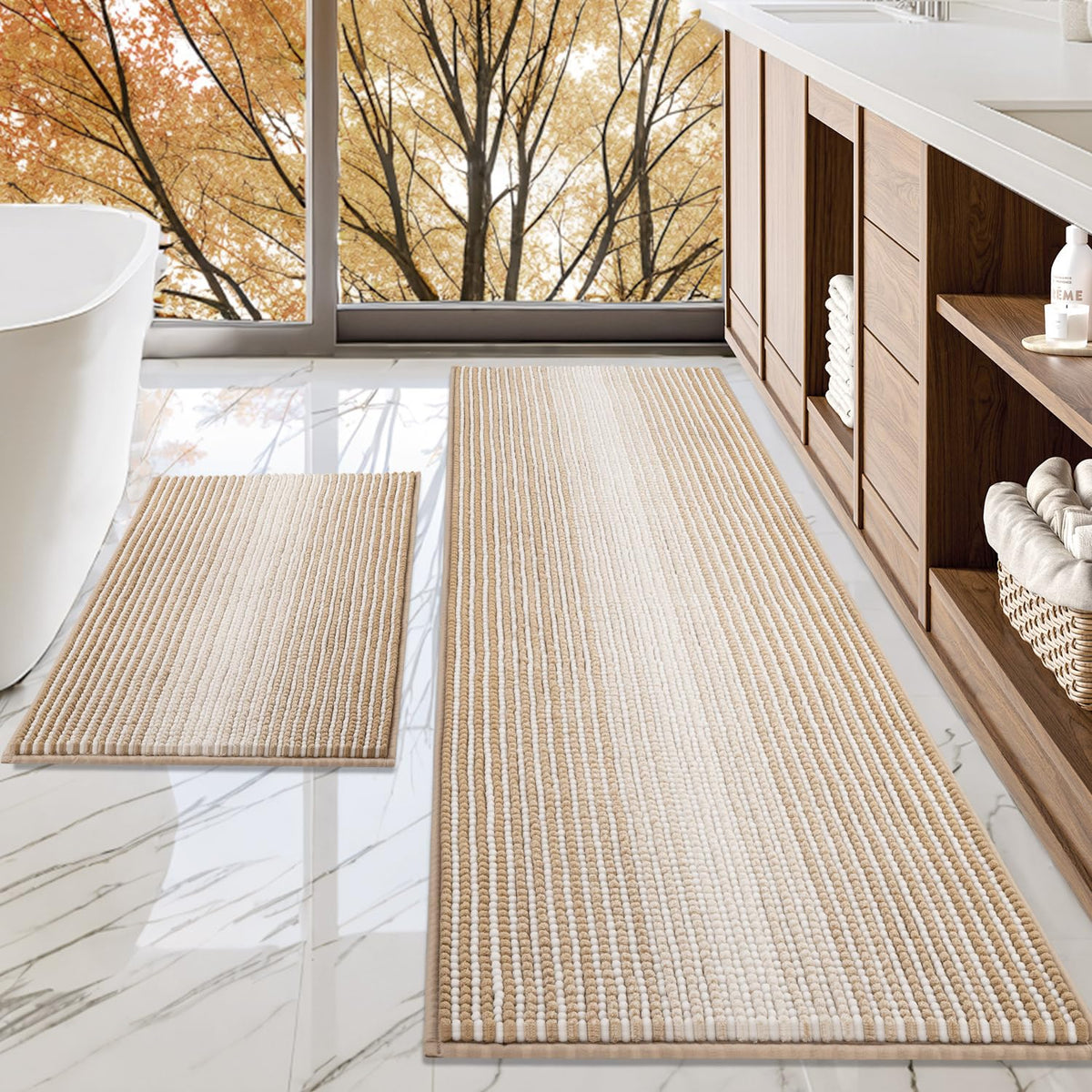 BSICPRO Bathroom Rugs Sets 2 Piece, Non Slip Striped Bath Mats, Black