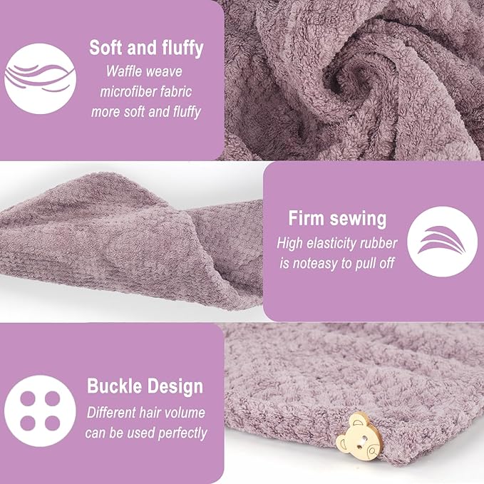 3 Pack Microfiber Hair Towel Wrap for Women, Fast Drying Hair Turban with Button, Anti-Frizz Large Hair Towel for All Hair Styles, Soft & Absorbent Hair Drying Towel (Purple, Bule, Brown)