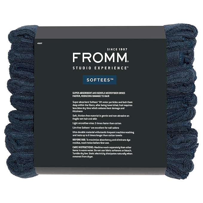 Fromm Softees Microfiber Salon Hair Towels for Hairstylists, Barbers, Spa, Gym in Navy, 16" by 29", 10 count Perfect Hair Care Towel for Drying Curly, Long, Wavy Hair