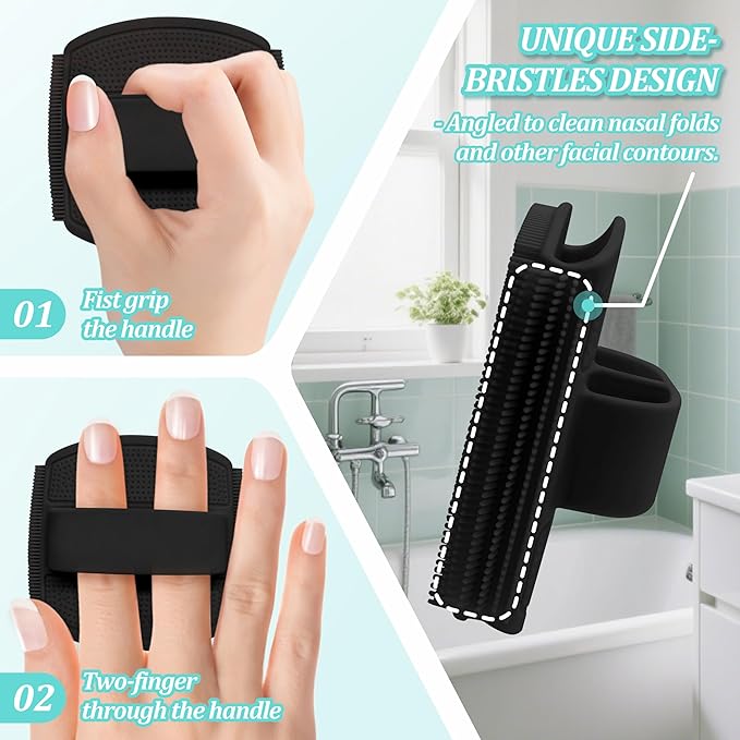 Silicone Bath Glove & Face Scrubber Set 2PCS, 360° Anti-Slip & Hand-fit Body Scrubber for Rich Foaming Deep Cleaning, Unique Facial Scrubber with Side-bristles for Contoured Areas.(Black)