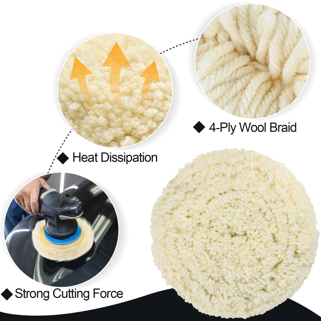 phepetroll 12 PCS Wool Buffing Polishing Pads 7 Inch, Natural Wool Cutting Pads with Hook and Loop Backing Compound & Polishing for Automotive Car Boats Glass Furniture Repair