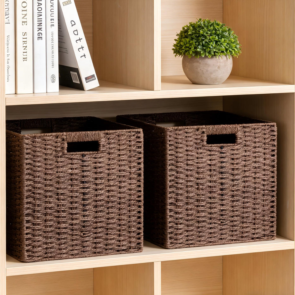 UBBCARE 3 Pack Wicker Basket, 11L×11H×10.5W inch Woven Paper Rope Storage Baskets for Shelves, Foldable Cube Storage bin with Handle, Storage Basket for Organizing & Decor, Brown