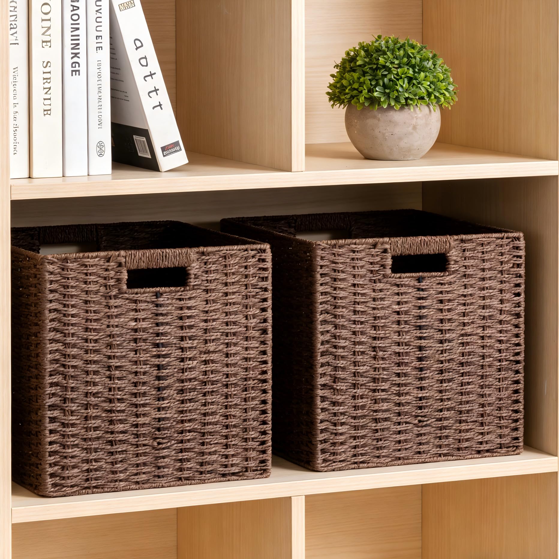 UBBCARE 3 Pack Wicker Basket, 11L×11H×10.5W inch Woven Paper Rope Storage Baskets for Shelves, Foldable Cube Storage bin with Handle, Storage Basket for Organizing & Decor, Brown