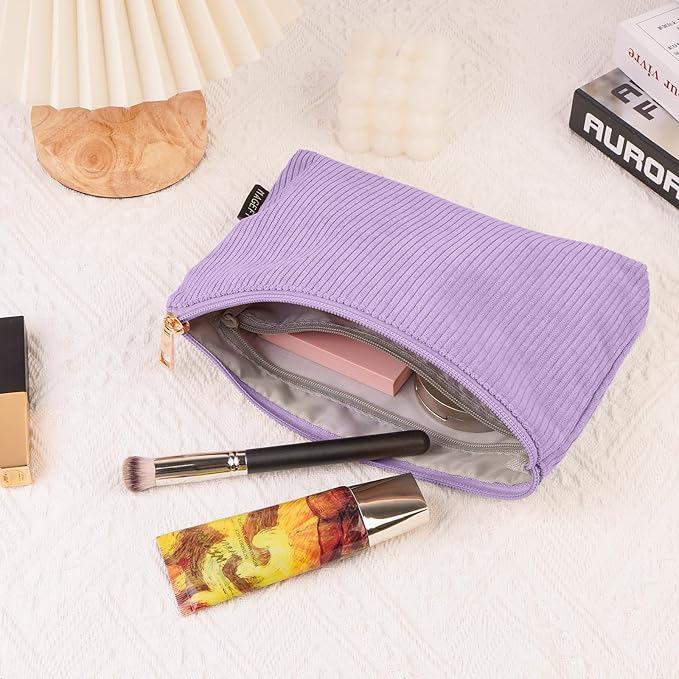 MAGEFY Small Makeup Bag for Purse Corduroy Makeup Bag with Inner Zipper Pockets Travel Cosmetic Bag for Women Preppy Stuff Gifts for Her, Purple