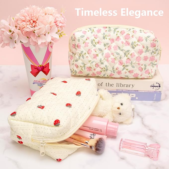 PAZIMIIK Small Quilted Makeup Bag,Zipper Cosmetic Pouch,Gauze Strawberry