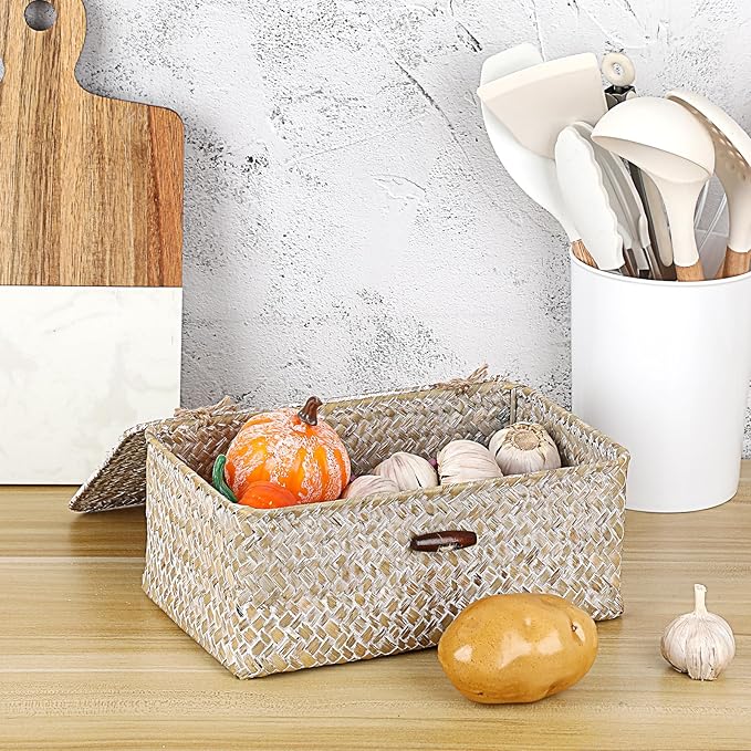 Sumnacon Small Wicker Basket with Lid Rectangle Woven Baskets for Toiletries Tampon Storage,Wicker Storage Basket with Lid,Decorative Seagrass Storage Baskets for Shelf Bathroom Toilet Table,Whitewash