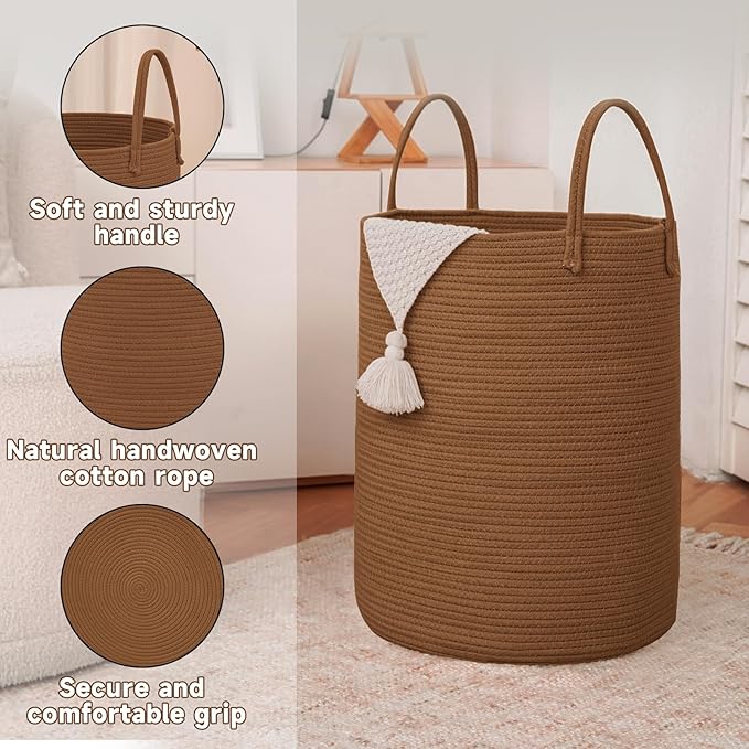 JMvicyroam Large Woven Laundry Basket Hamper,60L Cotton Rope Storage Bin for Blankets,Toys and Clothes,Decorative Tall Nursery Hamper for Living Room,Baby Nursery,Bathroom and Bedroom,Golden Jute