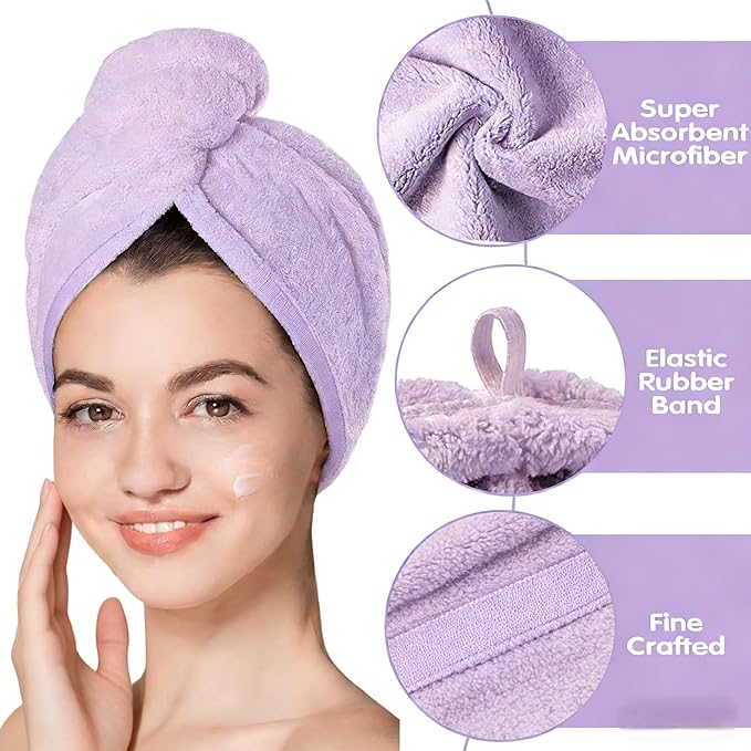 3 Pack Microfiber Hair Towel Wrap for Women, Fast Drying Hair Turban with Button, Anti-Frizz Large Hair Towel for All Hair Styles, Soft & Absorbent Hair Drying Towel