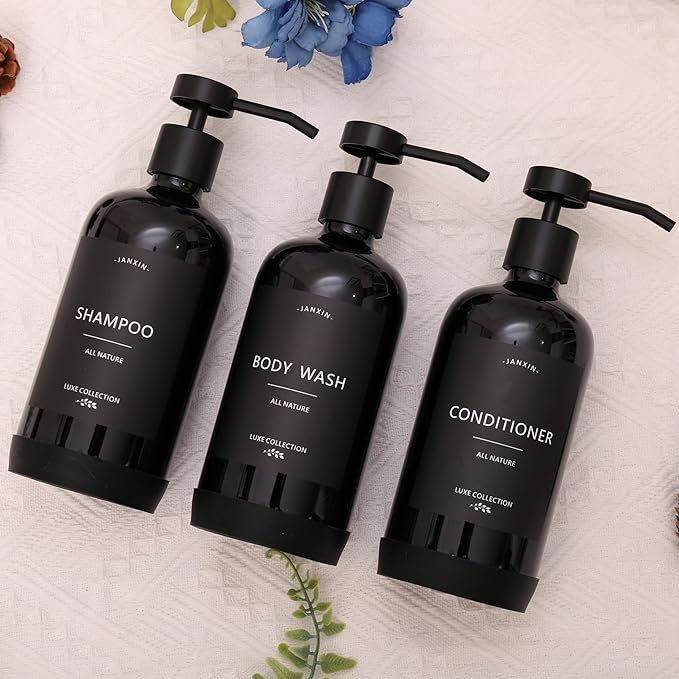 Janxin Shampoo and Conditioner Dispenser Set of 3,Refillable 21oz Shampoo Bottles with Non-Slip Protective Silicone Pad,Shower Soap Dispenser with Waterproof Labels for Bathroom (Black)