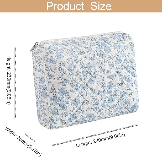HHQQWZ Makeup Bag Travel Cosmetic Bag for Women Girls, Zipper Make Up Pouch, Floral Flowers Toiletry Organizer Makeup, Portable Storage Cosmetic Travel Cloth Bag (L/Blue Floral)