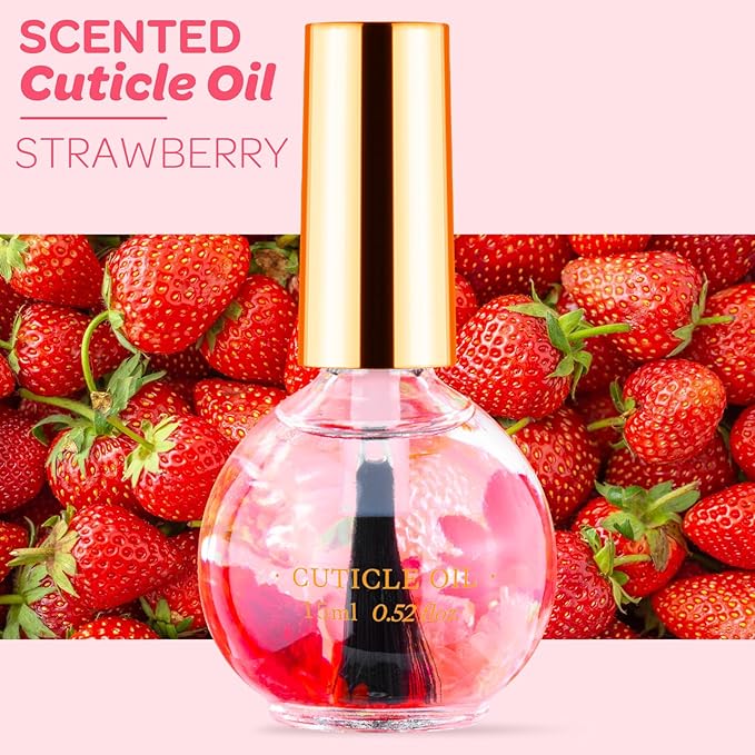 JIASHENG Cuticle Oil, Strawberry Nail Oil Infused with Real Flowers 15ml