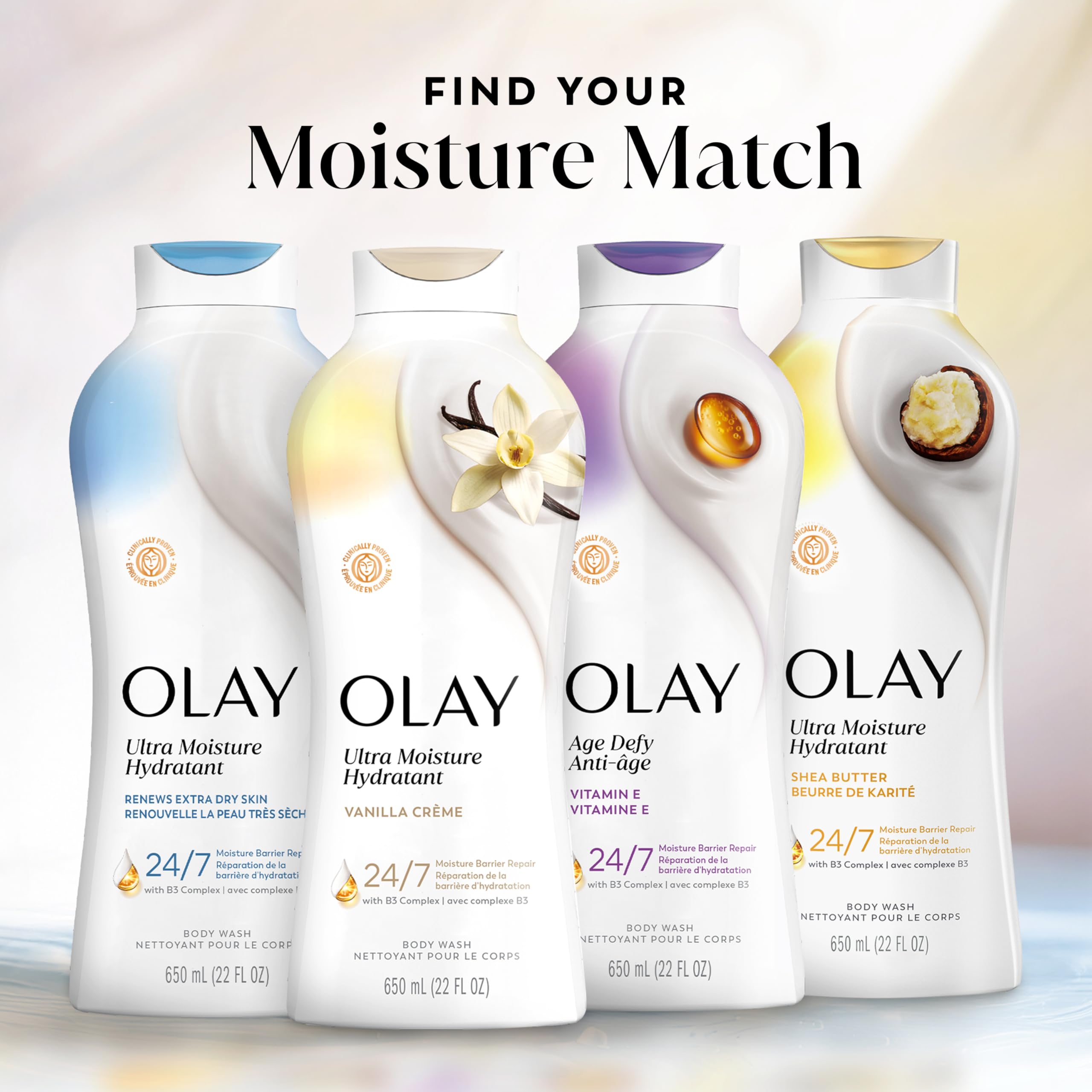 Olay Body Wash for Women, Ultra Moisture, 24/7 Moisture Barrier Repair, Hydrating Formula for Visibly Healthy Soft Skin, Vitamin B3 & Hyaluronic Blend, All Skin Types, Vanilla Creme Scent, 22 fl oz