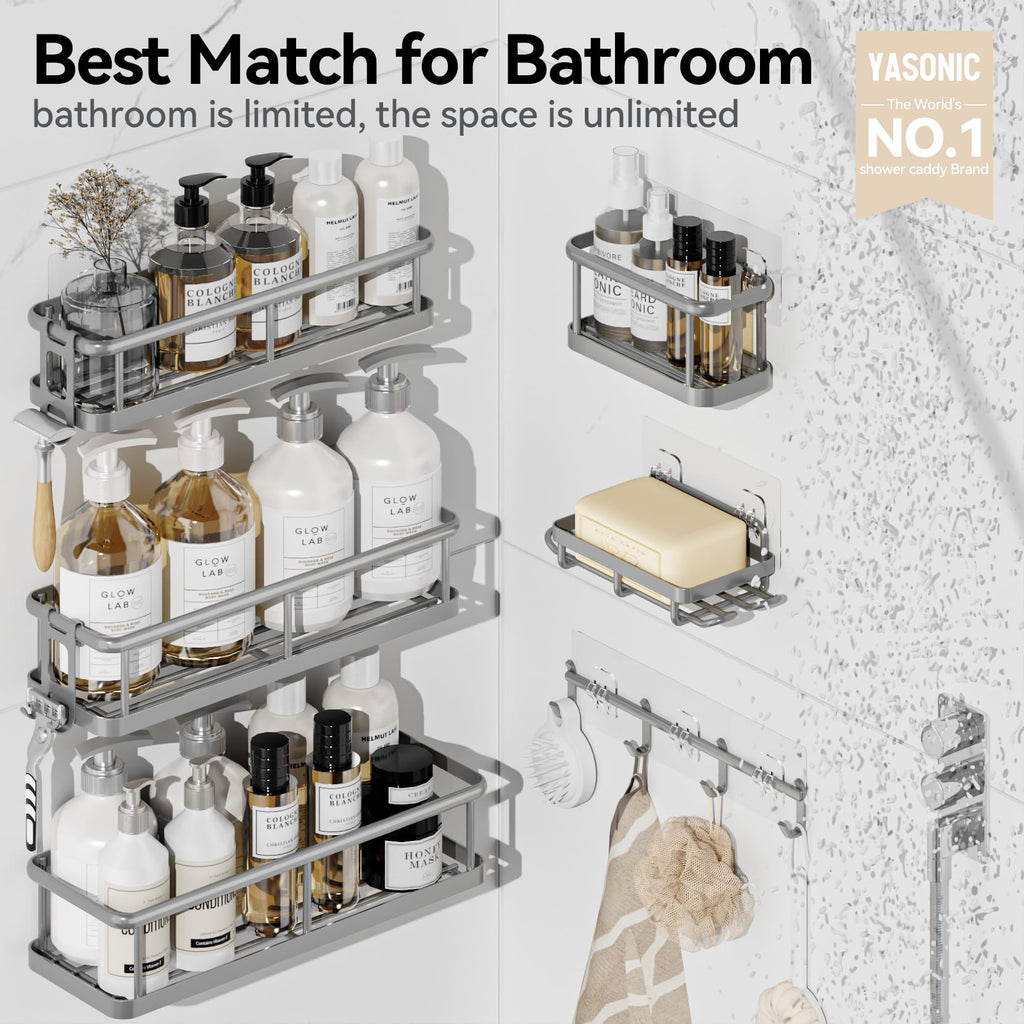 YASONIC Shower Caddy Adhesive, Rustproof Shower Organizer with Soap Holder, Large Capacity Shower Shelves for Inside Shower, No Drilling Bathroom Organizers and Storage for Home Decor（6 Pack Grey）