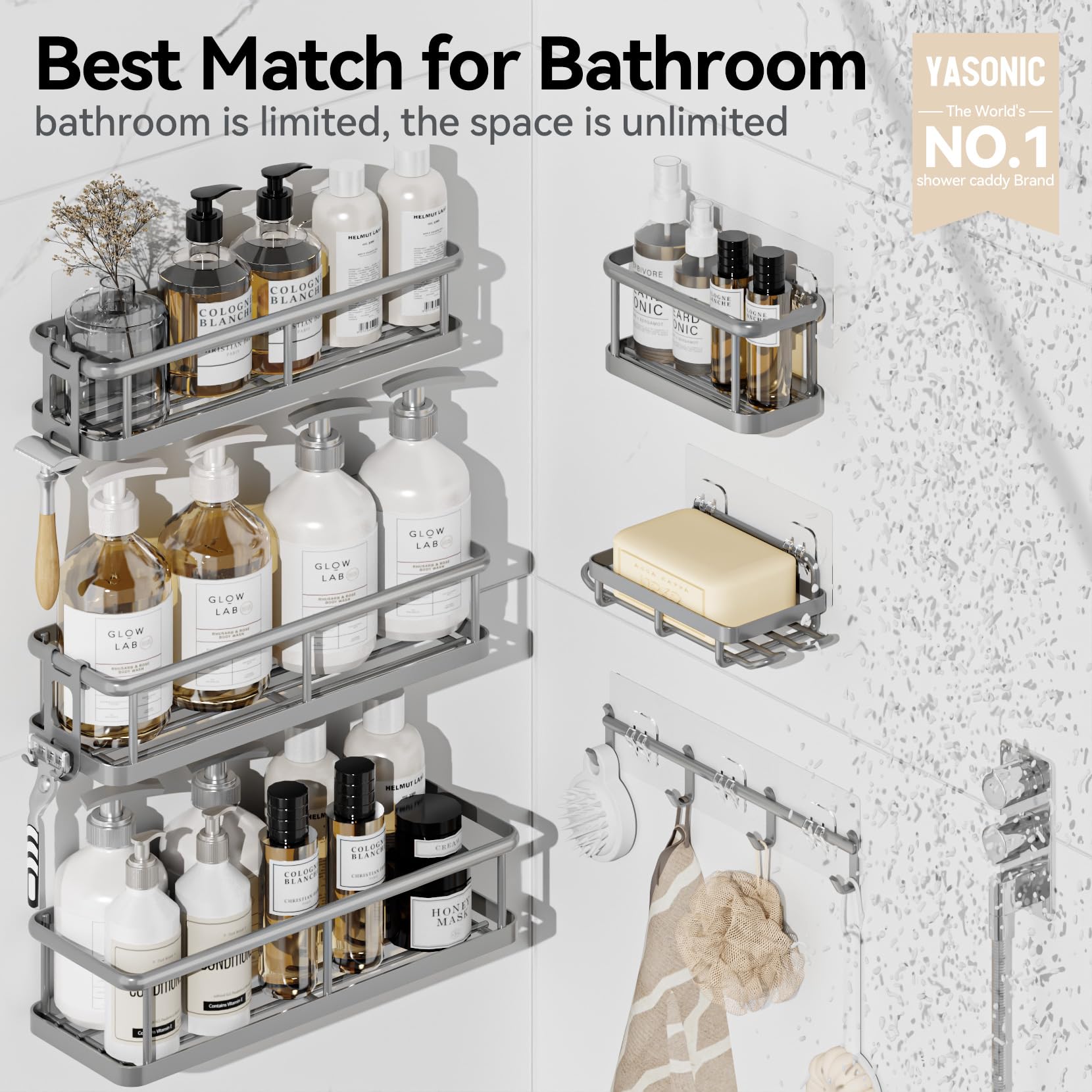 YASONIC Shower Caddy Adhesive, Rustproof Shower Organizer with Soap Holder, Large Capacity Shower Shelves for Inside Shower, No Drilling Bathroom Organizers and Storage for Home Decor（6 Pack Grey）