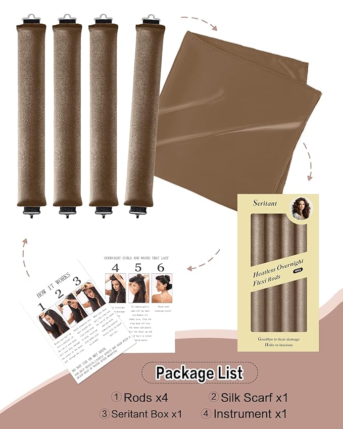 Seritant Heatless Curls Overnight with Satin Head Scarf, Velvet Hair Rollers for Blowout Look, No Heat Curling Rod for Long Thick Hair, Soft Sleep In Flexi Rods - 4PCS(2)