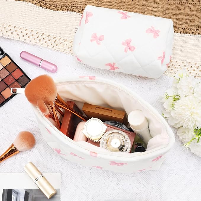 Lestp 2Pcs Small Makeup Bag Quilted Cosmetic Bag Flower Pencil Case Travel Makeup Bag Set for Women Cute Cosmetic Pouch Aesthetic Cotton Toiletry Organizer Storage Bags Puffy Zipper Pouch D