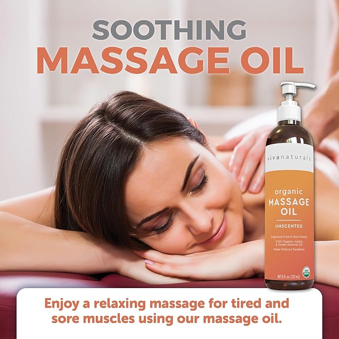 Viva Naturals Organic Massage Oil Unscented (8 fl. oz.) - Non-Greasy Body Oil with Mess-Free Pump, Moisturizing Massage Oils for Massage Therapy, Non-GMO and Certified Organic, 237 mL
