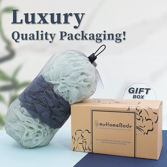 myHomeBody Large 70g Loofah Sponge, 2 Sea Foam Green + 1 Navy Blue, 3 Pack