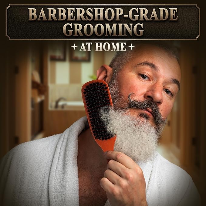 Mens Beard Brush with Handle, 9 in, Soft Boar Bristle, Wooden