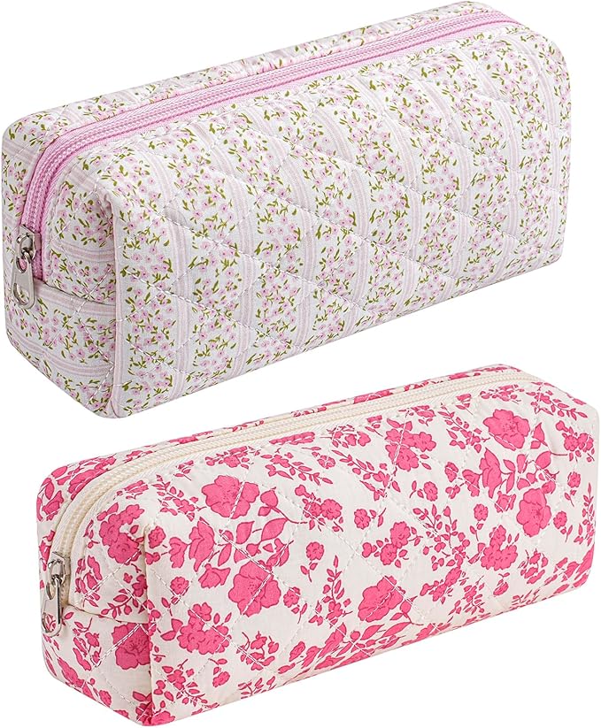 HHQQWZ Cute Floral Cotton Makeup Brush Cosmetic Bag for Women, Travel Quilted Zipper Make Up Bag, Flowers Toiletry Organizer Case Kawaii Makeup Cosmetic Travel Cloth Pouch (Pink+Big Red Floral)