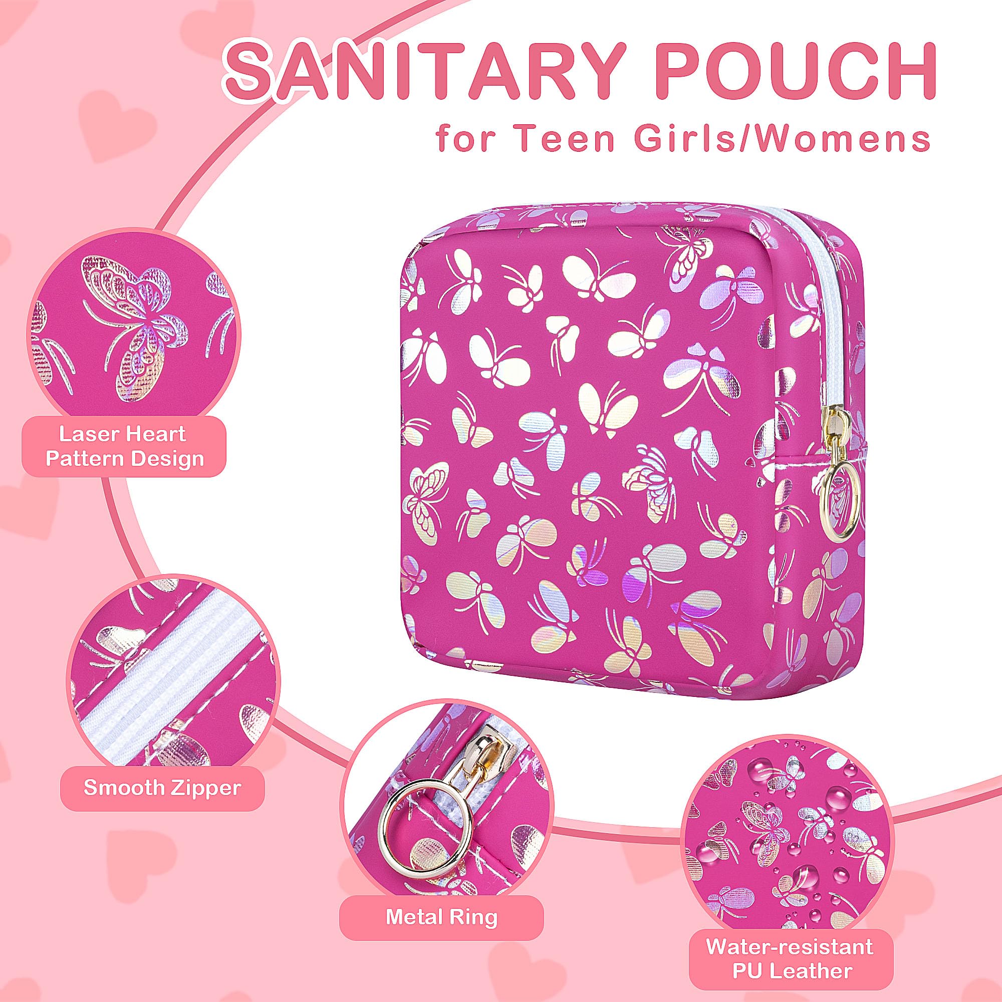 Likesing Tampon Holder for Purse, Leather Sanitary Napkin Storage Bag Period Bag Gift for Girls Women, Portable Sanitary Napkin Period Pad Pouch Tampon Bags for Purse(Rose red Butterfly)