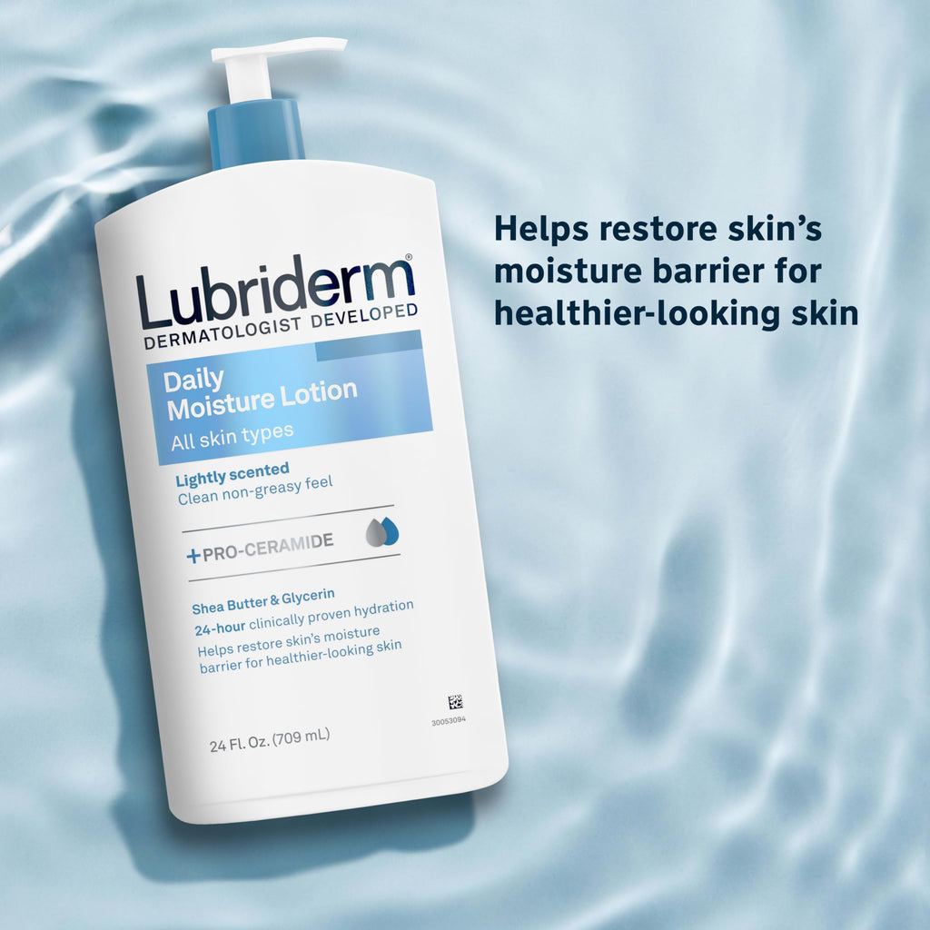 Lubriderm Daily Moisture Body Lotion + Pro-Ceramide, Body Lotion for Dry Skin, Shea Butter, Glycerin, Lightly Scented Hand Lotion, Non-Greasy 24-Hour Moisturizer, Paraben & Dye Free, 24 Fl Oz
