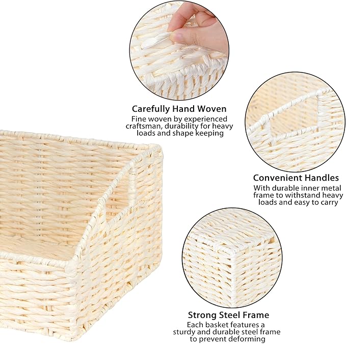 Ollieroo Rattan Storage Baskets, Handwoven Wicker Storage Bins with Built-in Handles, Storage Container Baskets for Shelves, Bedroom, Bathroom, Laundry Room or Kitchen(Beige)