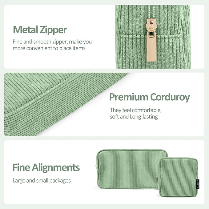 MAGEFY Makeup Bag for Purse, 2 Pcs Corduroy Cosmetic Bag for Girls Women Small Travel Makeup Pouch with Zipper(Green)