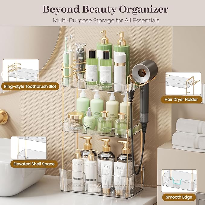Aveniee Bathroom Counter Organizer Countertop, 3 Tier Makeup Perfume Storage with Hair Dryer Rack and Toothbrush Holder, Cosmetic Tray for Vanity - Clear
