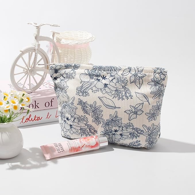Gardsell Cosmetic Bags for Women - Corduroy Cosmetic Bag Aesthetic Women Handbags Purses Smile Dots Makeup Organizer Storage Makeup Bag Girls Case Bags (Flowers-Navy blue)