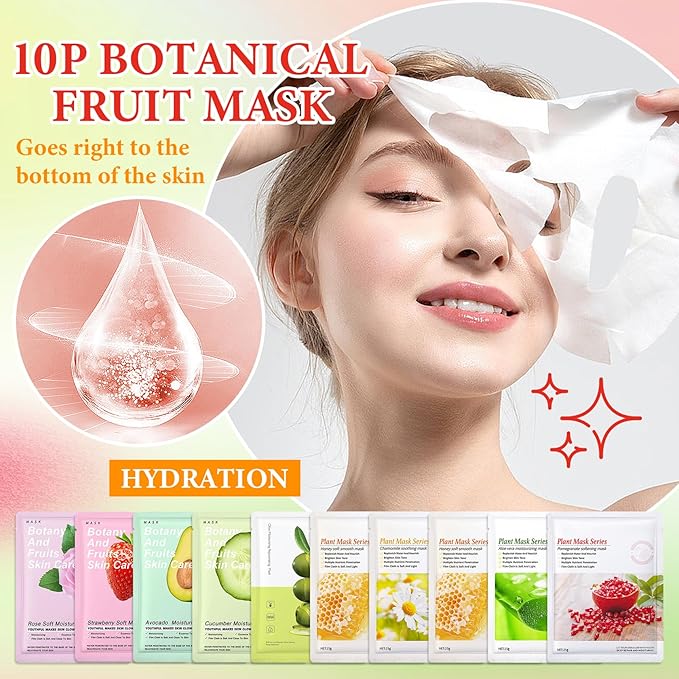 10 Pack Variety Facial Sheet Masks Skin Care Set, Hydrating Bulk Sheet Face Masks Skincare Gifts Set for Women Men, Long Lasting Moisturizing Face Mask Skincare for All Skin Type（B6)