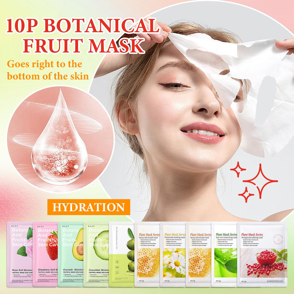 10 Pack Variety Facial Sheet Masks Skin Care Set, Hydrating Bulk Sheet Face Masks Skincare Gifts Set for Women Men, Long Lasting Moisturizing Face Mask Skincare for All Skin Type（B)