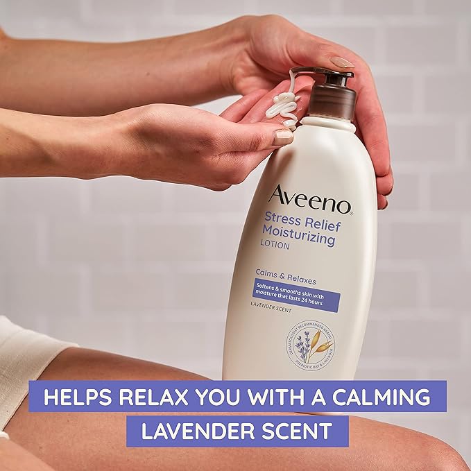 Aveeno Stress Relief Moisturizing Body Lotion with Prebiotic Oat & Lavender Scent for Sensitive Skin, Calms & Relaxes with 48 Hour Hydration, Fast Absorbing & Non-Greasy, 12 fl. oz