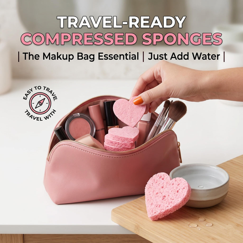 60-Count Compressed Facial Sponges | Makeup Remover Sponge | 100% Natural Cosmetic Spa Sponges for Facial Cleansing | Exfoliating Mask | Face Scrubber (Heart)
