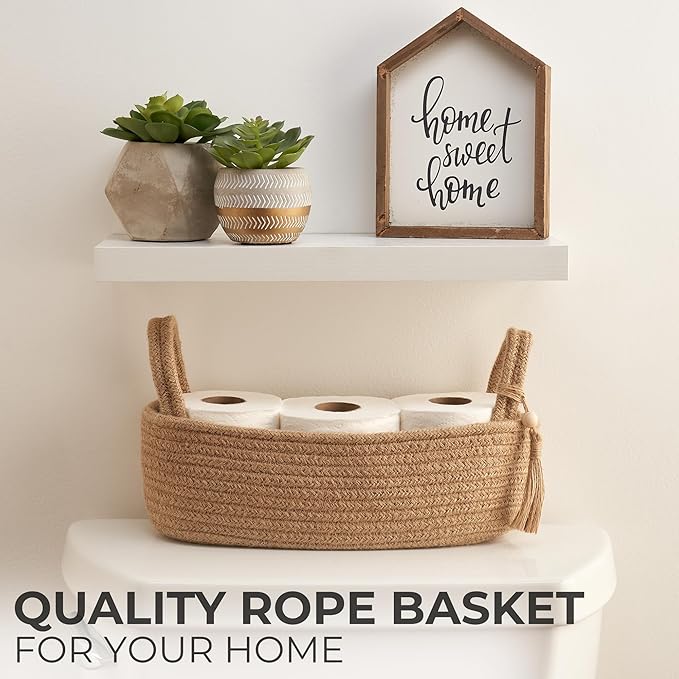 Decorative Toilet Paper Basket – Beautiful Bathroom Organizer for Toilet Tank Storage Decor – Boho Jute Cotton Rope Bin with Tassel for Bathroom Accessories and as Shelf Decor