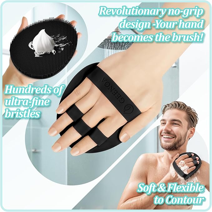 Silicone Bath Gloves 2PCS, 360° Anti-Slip & Enlarged Silicone Body Scrubber for Rich Foaming Deep Cleaning, Revolutionary No-Grip & Hand-fit Shower Scrubber for All Skin Types.(Blackx2)