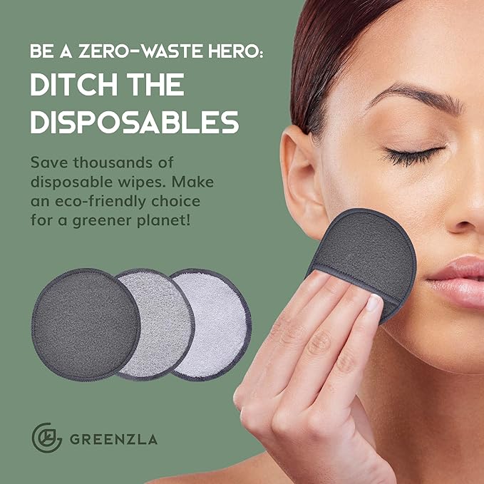 GREENZLA Reusable Makeup Remover Pads | 12 Pack | Bamboo Charcoal