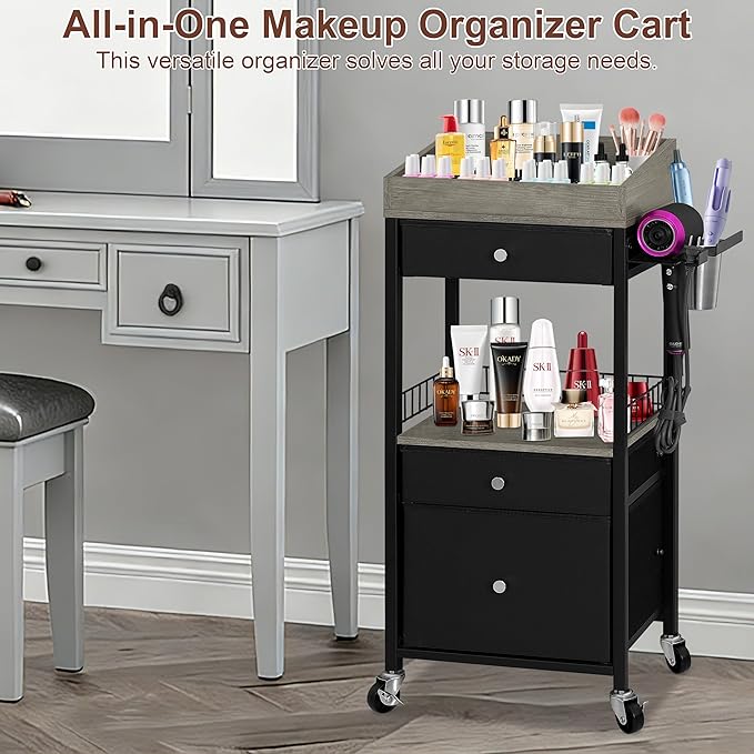 NauwaBarn Makeup Organizer Cart with 3 Drawers, Rolling Cosmetic Storage Cart with Adjustable Dividers, Detachable Hair Tool Holder & Lockable Wheels, Vanity Organizer for Small Spaces, Black & Grey