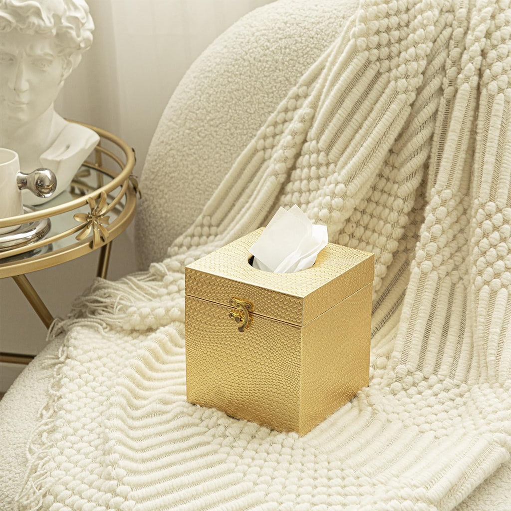UPPER DECOR Gold Tissue Box Cover, Elegant Square Tissue Box Holder for Bathroom, Bedroom, and Office, Modern Decorative Tissue Box for Home Décor