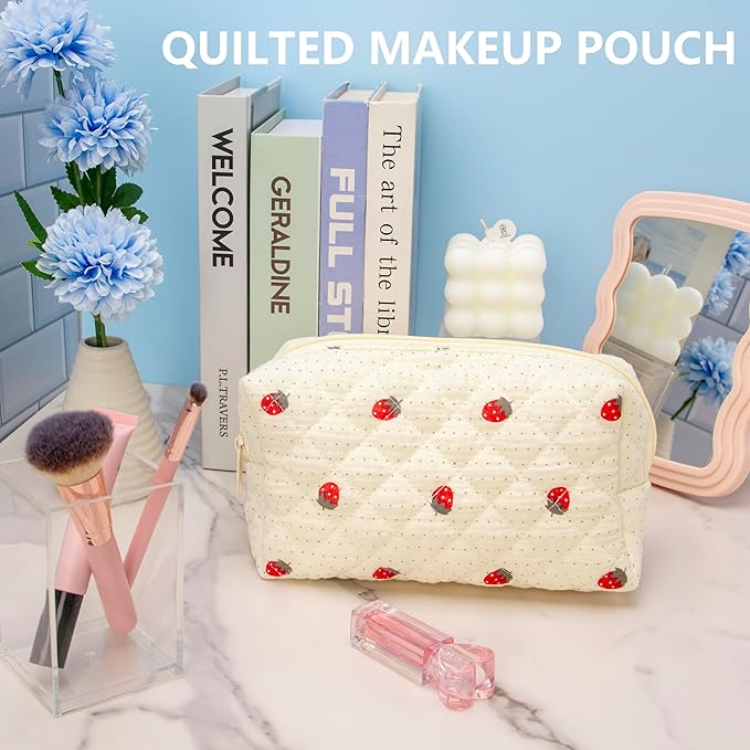 Small Quilted Makeup Bag,Zipper Cosmetic Pouch,Gauze Strawberry,6 Pack