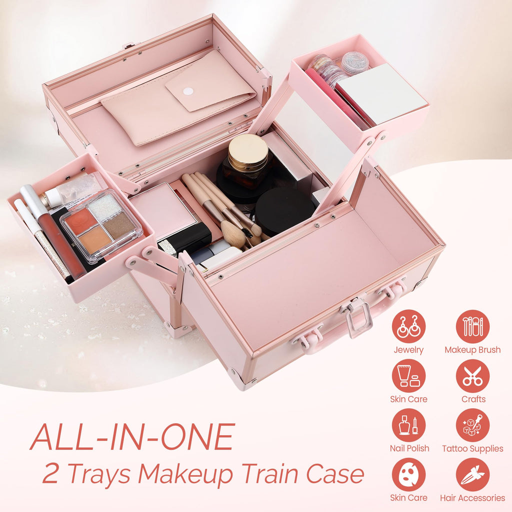 CHUANGJIN Makeup Box, 8.6 Inch 2-Tray Locking Makeup Case Organizer, Pink