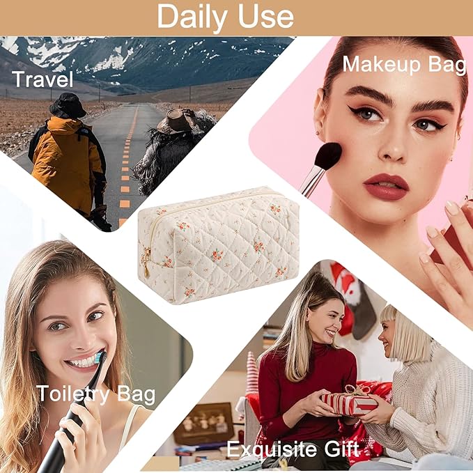 HHQQWZ Makeup Bag Travel Cosmetic Bag for Women Girls, Zipper Make Up Pouch, Floral Flowers Toiletry Organizer Makeup, Portable Storage Bag, Cosmetic Travel Cloth Bag (White Small Flower)