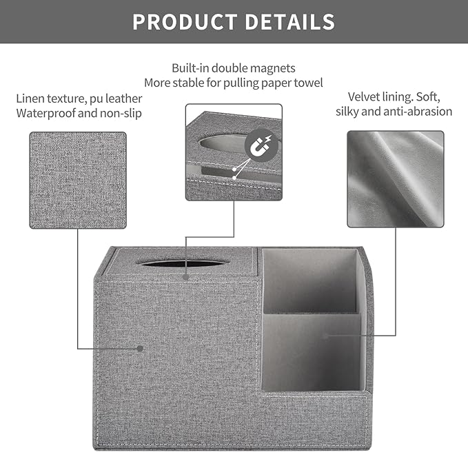 Square Tissue Box Cover Organizer,PU Leather Cube Tissue Box Holder with 2-Compartment Storage Box,Tissue and Remote Control Holder,Decorative Tissue Box Bedroom NightStand Office Tabletop,Grey
