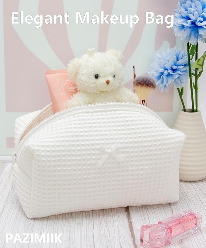 Cozy Makeup Bag for Women,Zipper Cosmetic Pouch,Waffle Cream White,6 Pack