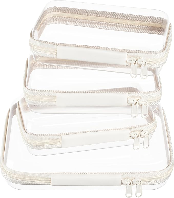 WELPIRT 4 pcs Clear Zipper Pouches,Hard Shell Zipper Case, Toiletry Bag for Travel, CLear Diaper Bag, Toiletry Pouch, Travel Organizer, Cosmetic Bag,Toy Storage Bins (M+3S)(Ivory)