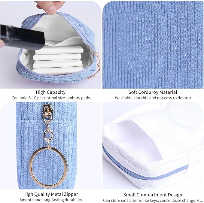 Teircno Sanitary Napkin Storage Bag, Preppy Corduroy Period Bag for School Teen Girls, Cute Portable Period Pouch with Zipper, Sanitary Pads Bag Tampons Holder for Purse, First Period for Women Ladies