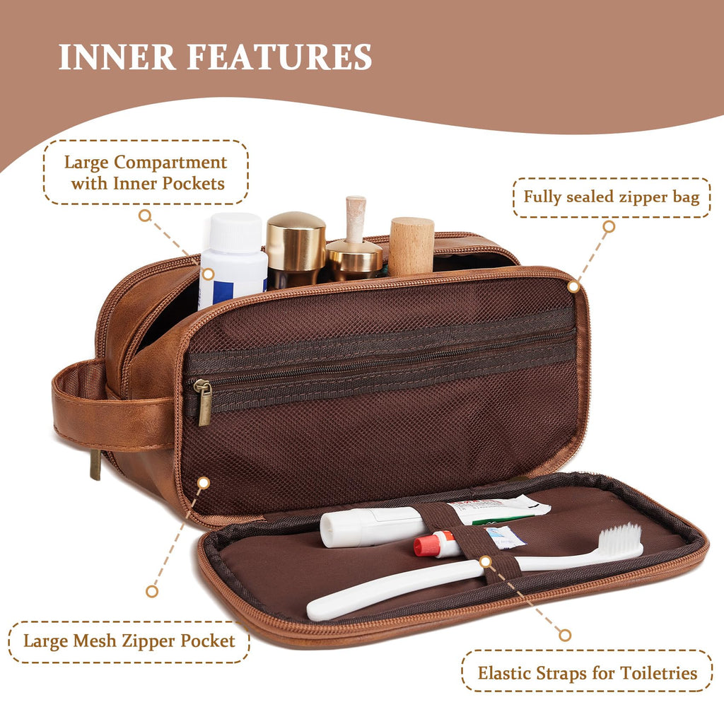 Travel Toiletry Bag For Mens PU Leather Engraved Initials (Yellow Brown M)