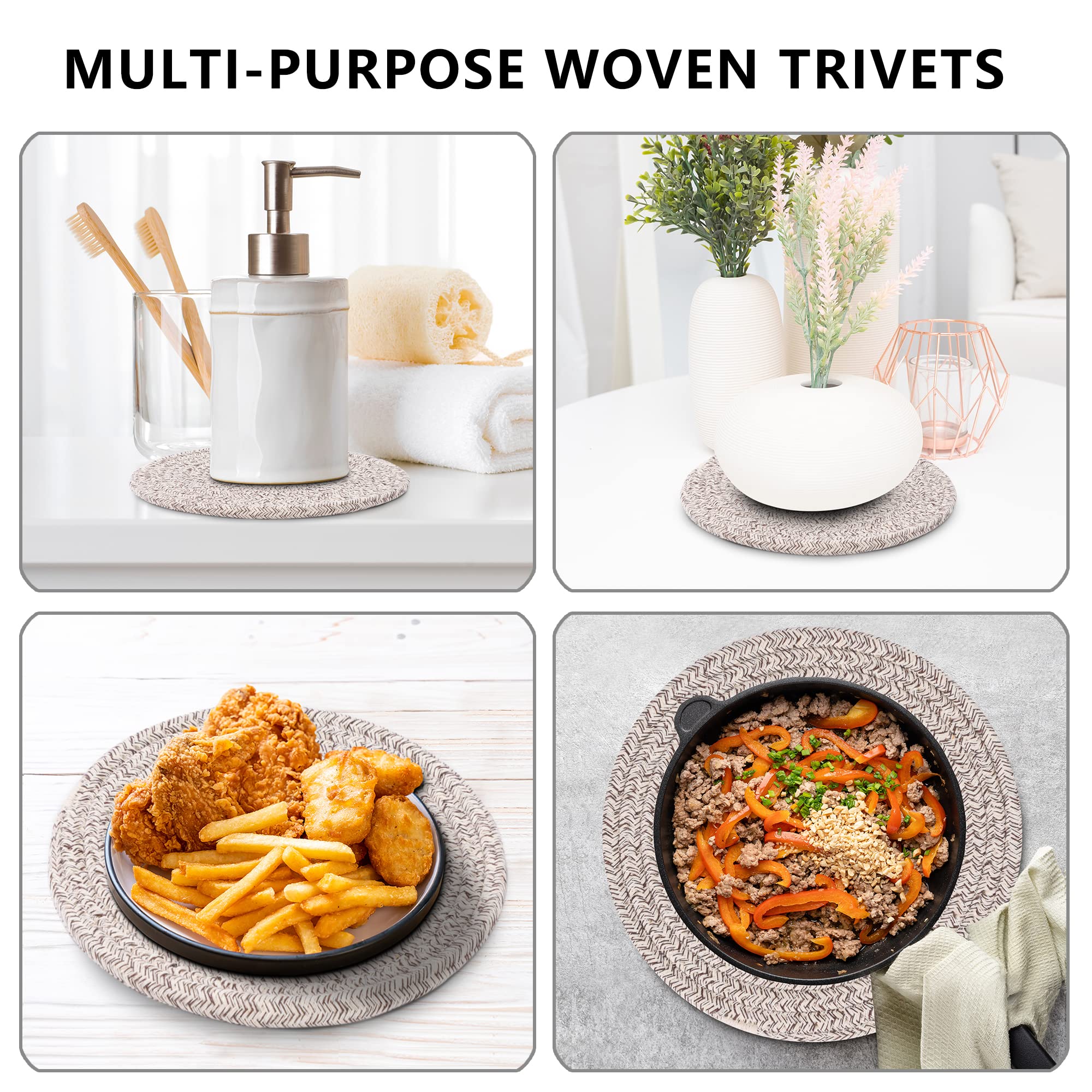 Coga Trivets for Hot Dishes, 4 Pack 7 Inch Cotton Hot Pads for Kitchen with Storage Basket, Round Pot Holders for Kitchen, Heat Resistant Mats for Countertop, Pots and Pans, Farmhouse Decor, Brown
