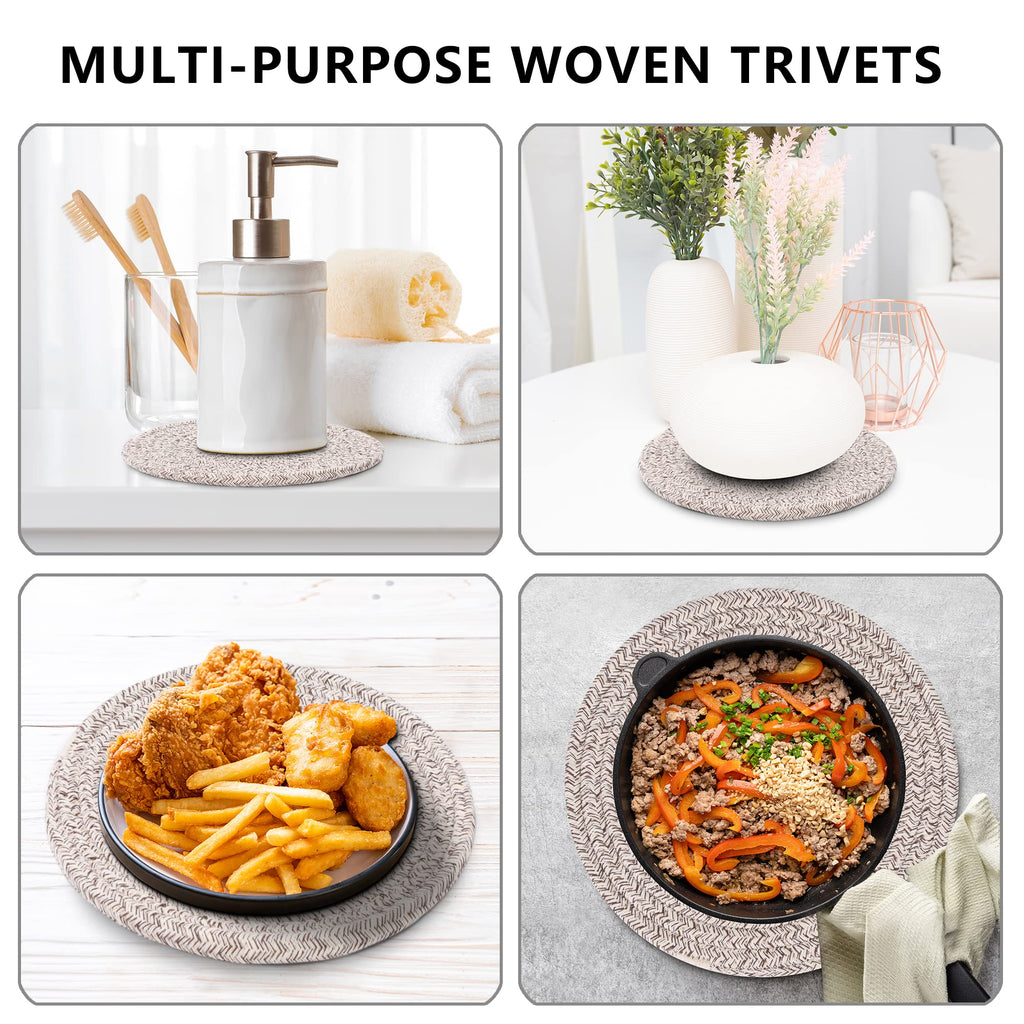 Coga Trivets for Hot Dishes, 5 Pack 7 Inch Cotton Hot Pads for Kitchen with Storage Basket, Round Pot Holders for Kitchen, Heat Resistant Mats for Countertop, Pots and Pans, Farmhouse Decor, Brown