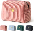 COSHAYSOO Travel Makeup Bag Quilted Make Up Pouch Initial Cosmetic Case for Women Hair Eyebrow Eyeshadow Brushes Powder Foundation Blush Bronzer Contour Palette Items Organizer Pink Letter R